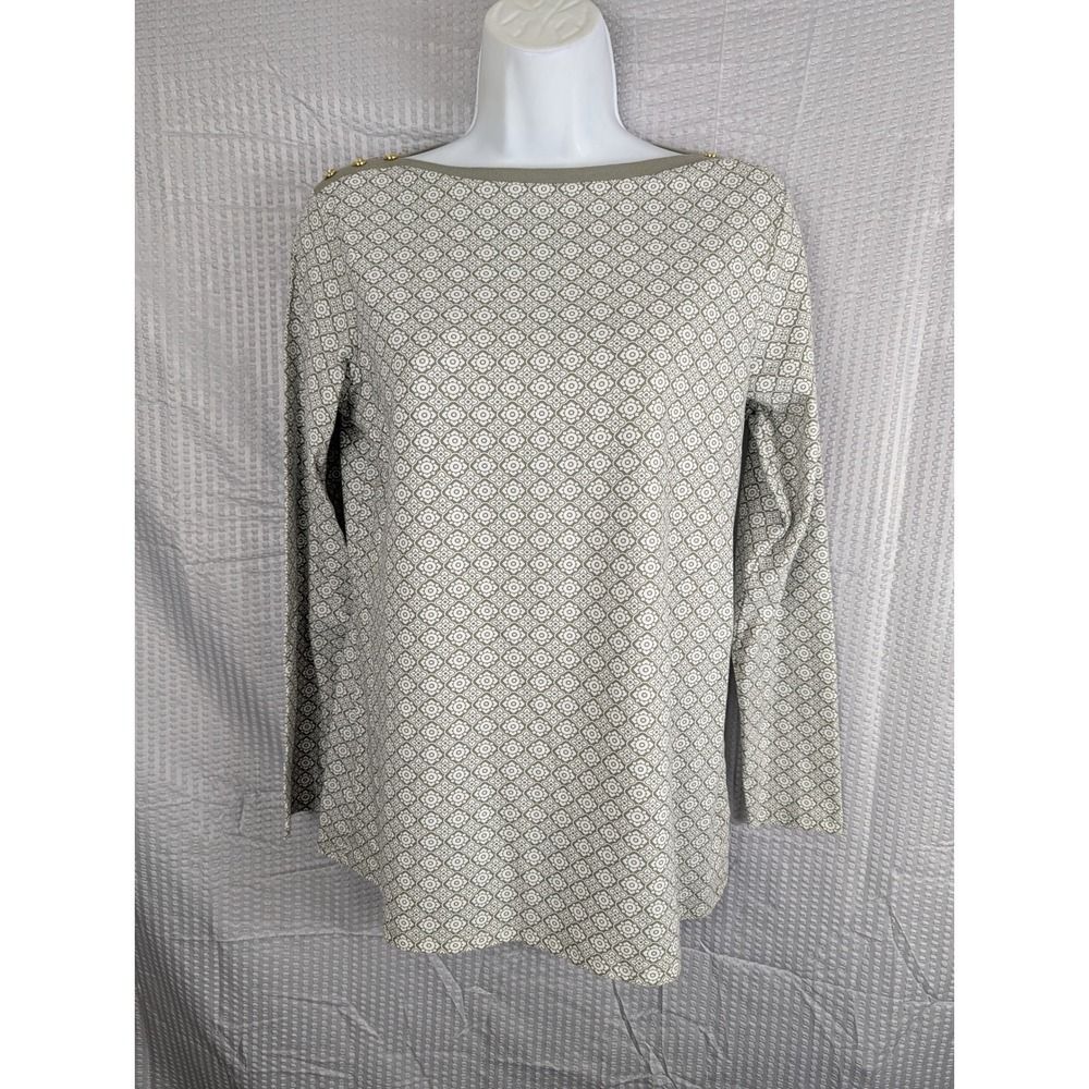 DG2 Diane Gilman Womens XS Green White Geometric Print Gold Button Shoulder Top